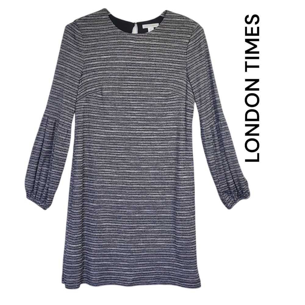 London Times Women's Midi Dress Metallic Stripes Long Sleeves Size 12